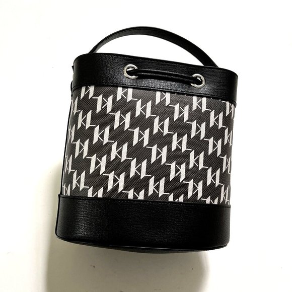 Karl Lagerfeld Paris Adele Logo Monogram Bucket Bag Black Gray Crossbody NWT - Picture 8 of 12